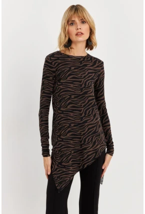 Kadın Vizon Asimetrik Zebra Desenli Tunik MLPP1186-1