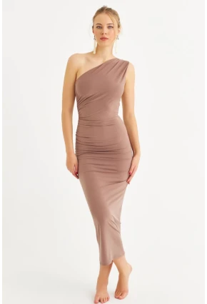 Kadın Vizon Tek Omuz Büzgülü Midi Elbise DMR294-90
