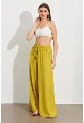 Kadın Yağ Yeşili Beli Lastikli Bürümcük Pantolon ROP105
