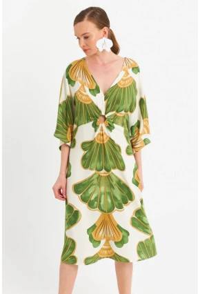 Kadın Yeşil-Beyaz Desenli Pencereli Midi Elbise Q1003