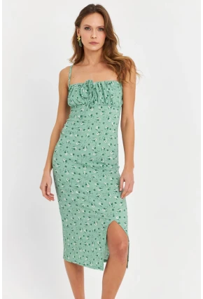 Kadın Yeşil Önü Bağlamalı Midi Elbise MTK10546