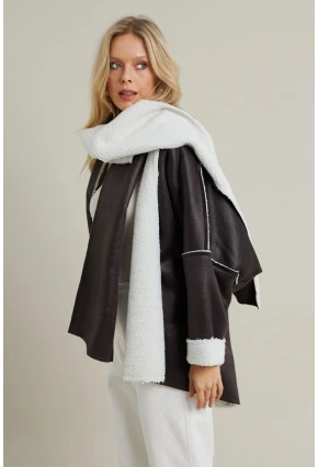 Kadın Acı-Kahve Atkılı İçi Peluş Premium Ceket SE5