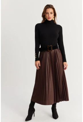 Kadın Acı-Kahve Beli Lastikli Pilise Etek MGÇ190