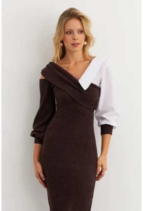 Kadın Acı-Kahve Blok Kumaşlı Asimetrik Yaka Maxi Elbise KED4469