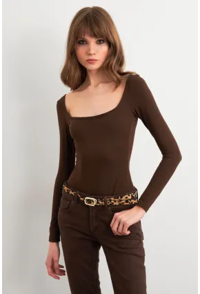 Kadın Acı-Kahve Kayık Yaka Basic Body CY352