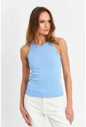Kadın Açık-Mavi Düğme Detaylı Kolsuz Kaşkorse Bluz TF55