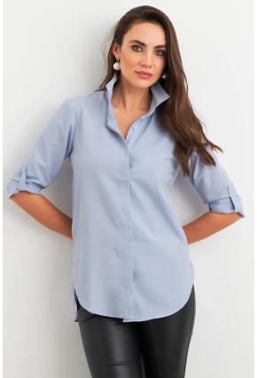 Kadın Açık-Mavi Gizli Düğmeli Uzun Gömlek SF2001