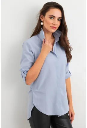 Kadın Açık-Mavi Gizli Düğmeli Uzun Gömlek SF2001