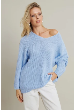 Kadın Açık-Mavi V Yaka Salaş Triko Bluz SMT158