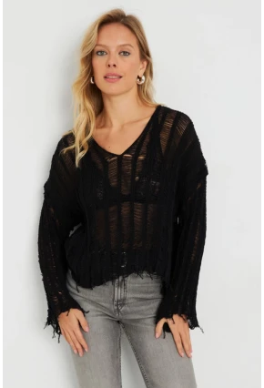 Kadın Ajurlu Triko Bluz Siyah YZ618