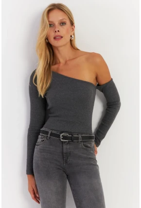 Kadın Antrasit Asimetrik Kollu Kaşkorse Bluz HOR1
