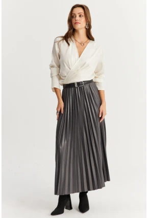 Kadın Antrasit Beli Lastikli Pilise Etek GÇ190