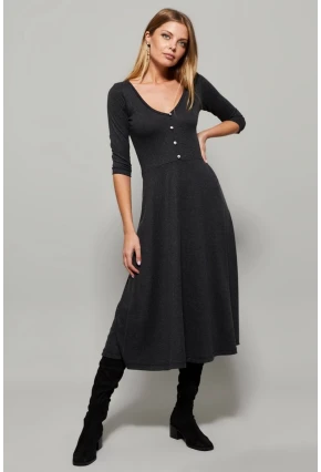Kadın Antrasit Düğme Aksesuarlı V Yaka Elbise EY1123