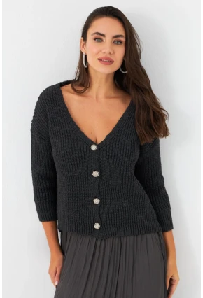 Kadın Antrasit Düğme Detaylı Hırka KAZ30