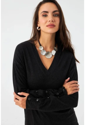 Kadın Antrasit Düğme Detaylı V Yaka Bluz EY2982
