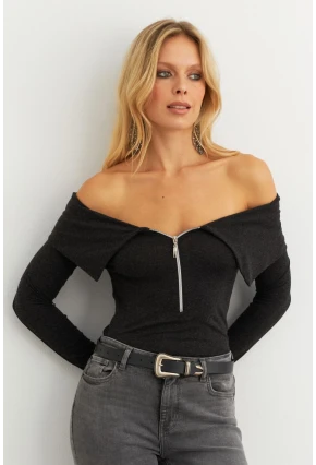 Kadın Antrasit Fermuarlı Madonna Yaka Bluz EY2559