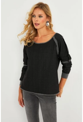 Kadın Antrasit Kayık Yaka Ters Dikişli Sweatshirt TF10