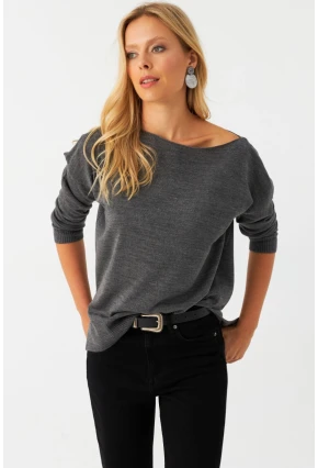 Kadın Antrasit Kayık Yaka Triko Bluz YİL561