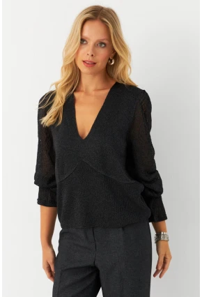Kadın Antrasit Kol Detaylı Metalik Bluz AYD391