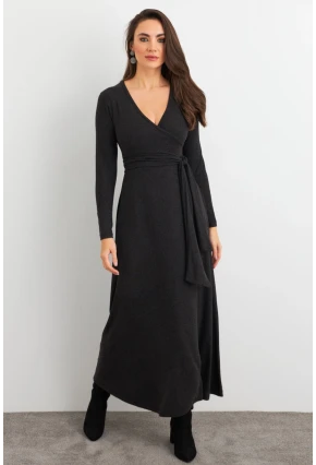Kadın Antrasit Kruvaze Bağlamalı Midi Elbise EY3020