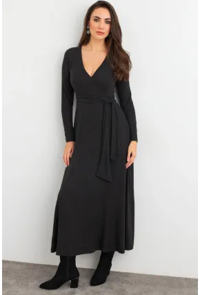 Kadın Antrasit Kruvaze Bağlamalı Midi Elbise EY3020