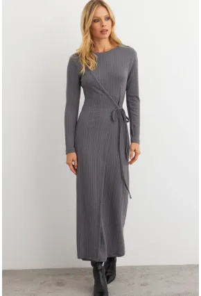 Kadın Antrasit Kruvaze Maxi Elbise MTF31