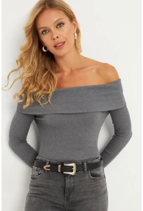 Kadın Antrasit Madonna Yaka Kaşkorse Bluz XL2210