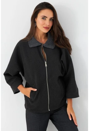 Kadın Antrasit Örme Yaka Kaşe Ceket CAR1080