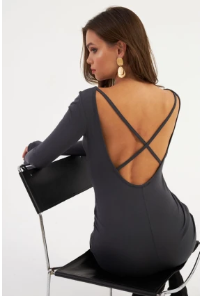 Kadın Antrasit Sırt Dekolteli Mini Elbise HOR36