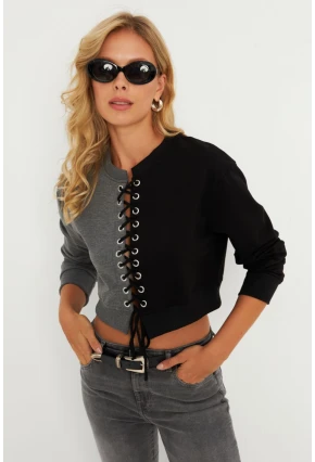 Kadın Antrasit-Siyah Kuşgözlü Kısa Sweatshirt TF02