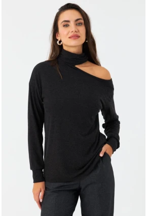 Kadın Antrasit Tek Omuz Açık Balıkçı Bluz EY2981