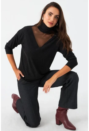 Kadın Antrasit Tül Detaylı Balıkçı Bluz EY2980