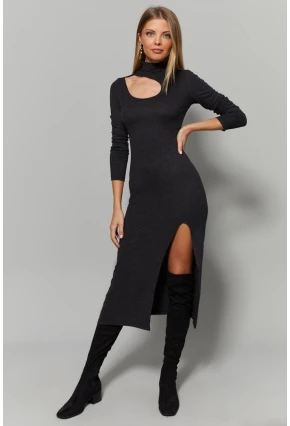 Kadın Antrasit Yaka Pencereli Yırtmaçlı Elbise Yİ1984