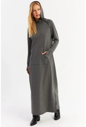 Kadın Antrasit Yakası Fermuarlı Maxi Sweat Elbise MTF12