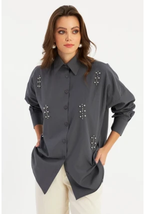 Kadın Antrasit Zımbalı Gömlek MASF1