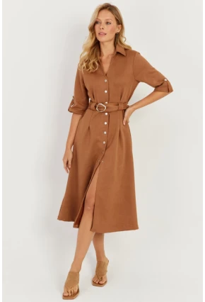Kadın Badem Nubuk Midi Gömlek Elbise KED4023
