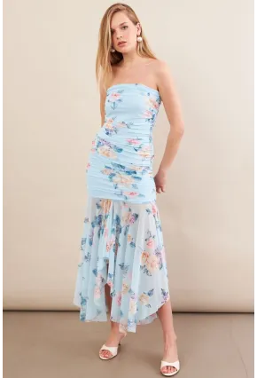 Kadın Bebe Mavi Drapeli Straplez Midi Tül Elbise ERL101