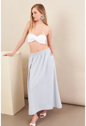 Kadın Bebe Mavi Keten Cepli Midi Etek RSP4440