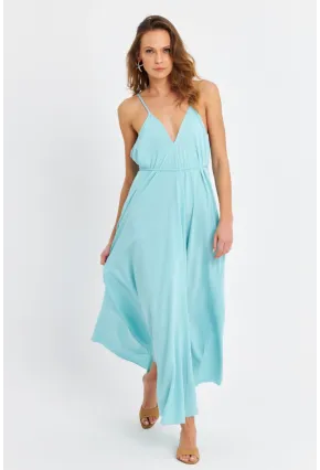 Kadın Bebe Mavi Ön Arka V Cepli Salaş Midi Elbise PC10758