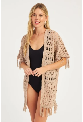 Kadın Bej Ajurlu Püsküllü Hırka YV224