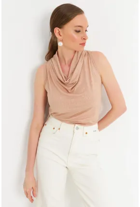 Kadın Bej Sırt Pencereli Desenli Bluz LPP1021