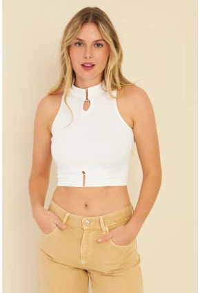 Kadın Beyaz Aksesuarlı Crop Bluz CG340