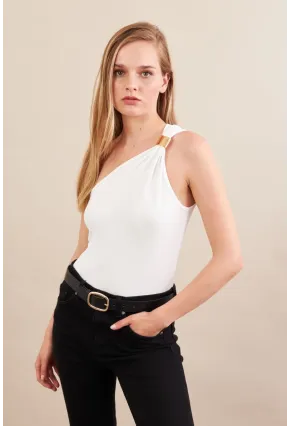 Kadın Beyaz Asimetrik Aksesuarlı Bluz FRY2311