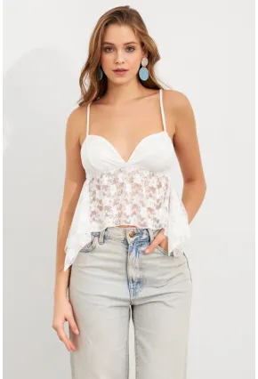 Kadın Beyaz Askılı Dantel Crop Bluz MTK13458