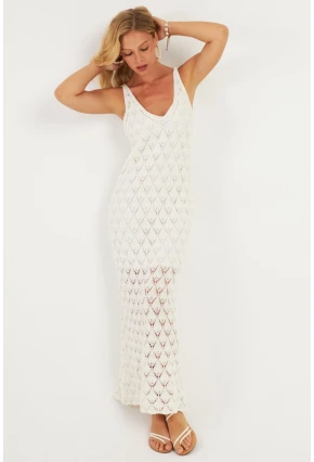 Kadın Beyaz Astarlı Triko Maxi Elbise KZ3211