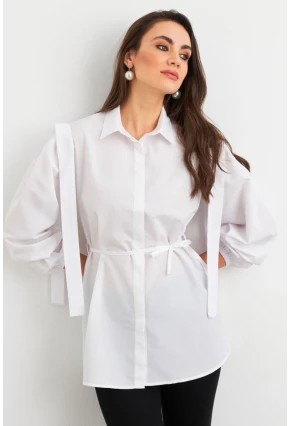 Kadın Beyaz Bağlama Detaylı Basic Gömlek MASF185
