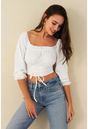 Kadın Beyaz Bağlama Detaylı Crop Bluz CG387