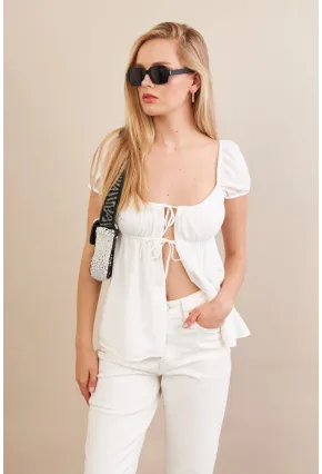 Kadın Beyaz Bağlamalı Rustik Bluz ZH128