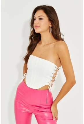 Kadın Beyaz Balenli Kuş Gözlü Sırt Fermuarlı Büstiyer YEL82