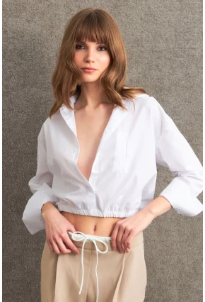 Kadın Beyaz Beli Lastikli Gömlek ELT3835
